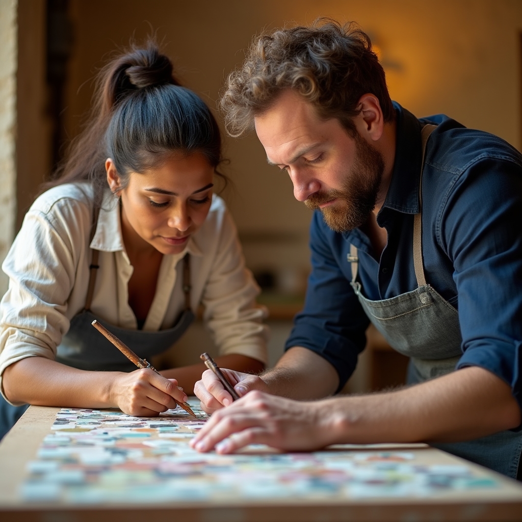 Coppia al lavoro nel laboratorio di mosaico artistico di Ravenna