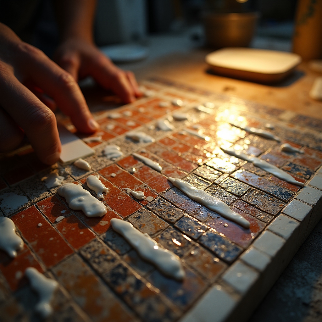 Fase di stuccatura e lucidatura di un mosaico artistico