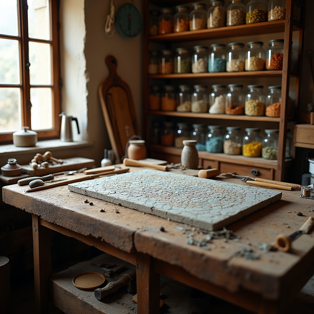 Banco da lavoro dell'atelier di mosaico con strumenti e materiali disposti per la sessione