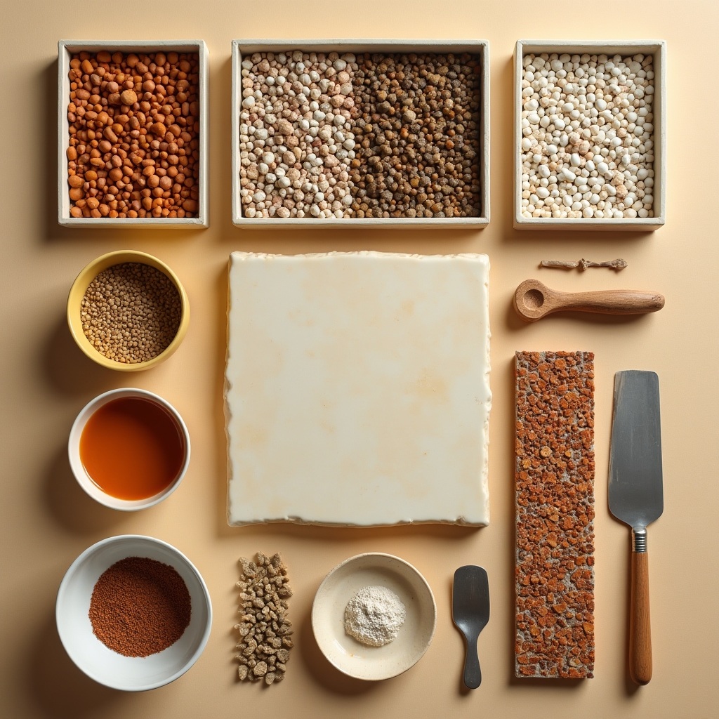 Materiali del laboratorio di mosaico disposti sul banco di lavoro: marmo, smalti veneziani, strumenti